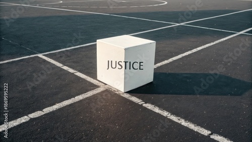 White cube with JUSTICE label on asphalt surface outdoor