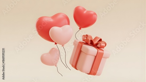 A cute 3D rendered Valentine's Day illustration featuring adorable heart-shaped balloons floating gracefully alongside an elegant gift box wrapped with a silky ribbon. 
