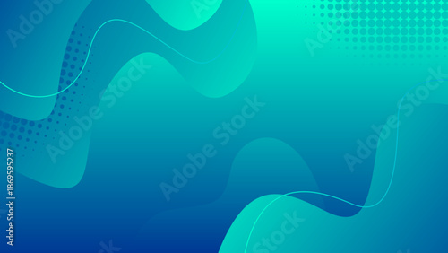 Abstract Blue and Teal Background with Dynamic Fluid Waves, Modern Gradient Shapes and Creative Halftone Pattern with Flowing Lines for Corporate Tech Design