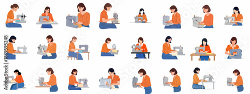 Diverse illustrations of women using sewing machines, representing tailoring, garment making, craftsmanship, and home crafting hobby.
