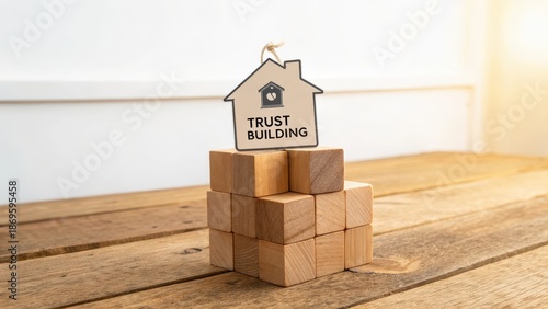 Wooden Blocks Balancing Trust Building Sign on a Table