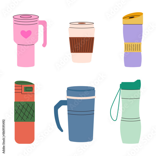 Vector illustration set of various reusable thermo cups and tumblers. Modern flat design of travel mugs for coffee and tea, promoting zero waste and eco-friendly lifestyle