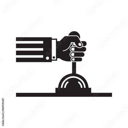 Hand pulling lever switch icon vector. Black silhouette of businessman arm holding control handle. Machine start, launch, or activation glyph symbol isolated on white background.
