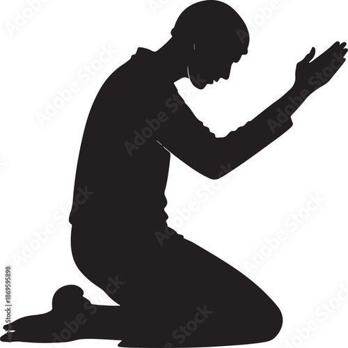 Man kneeling in prayer with hands raised in a gesture of supplication
