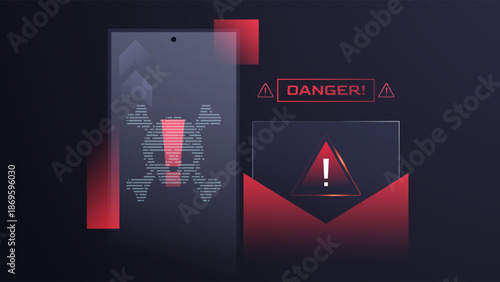 Phishing alert notification with email icon and skull symbol on dark futuristic background. Cyber security concept for unverified sender, mail fraud, and digital data protection awareness. email sign
