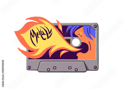 Vintage design of audio cassette of heavy metal music. Retro template of mix tape with rock songs. Mixtape, audiocassette with rocker concert records. Flat isolated vector illustration on white.