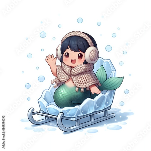 Playful mermaid on a sleigh in a wintry wonderland