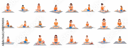 Collection of Vector Illustrations Featuring Women Relaxing, Reading, and Enjoying Picnics on Mats, Displaying Various Poses and Leisure Activities.