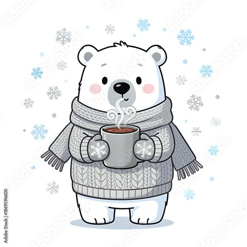 Cute polar bear in sweater holding a hot drink