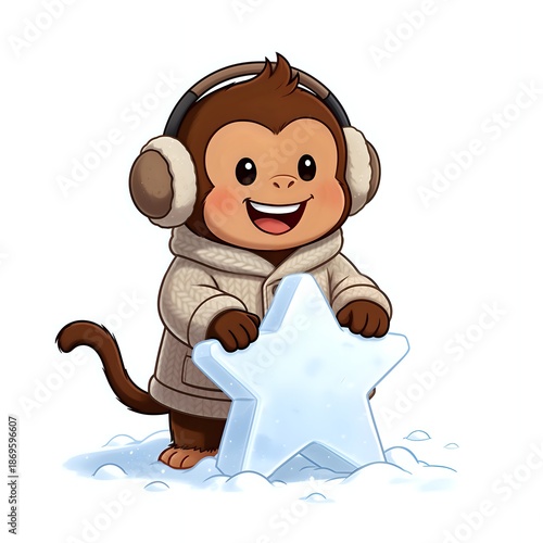 Cheerful monkey enjoying winter with a snow star