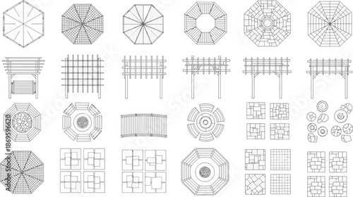 A collection of meticulously detailed blueprints showcases an assortment of outdoor structures. Featuring an array of designs from above.