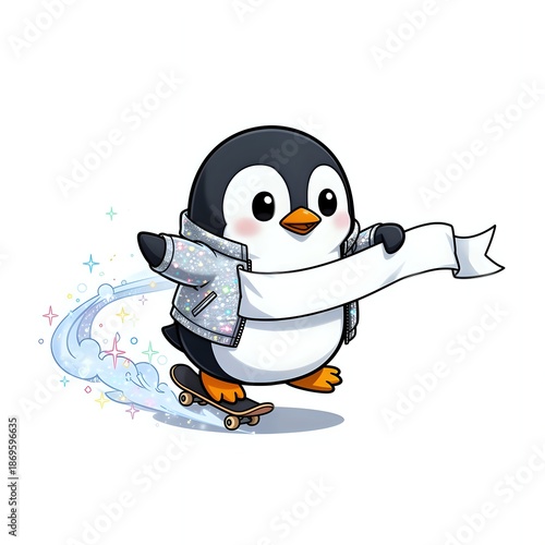 Cool penguin skating with a sparkly jacket