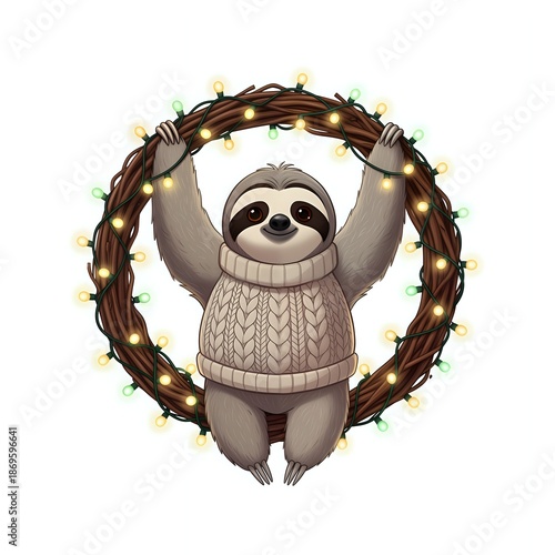 Cheerful sloth in cozy sweater with holiday wreath