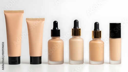Variety of foundation bottles and tubes in different shades, arranged on white background, for makeup and beauty product advertising