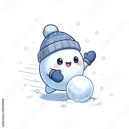 Cheerful winter character rolling a snowball