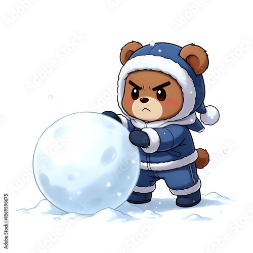 Angry bear building a snowball in winter outfit