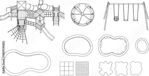 A collection of intricate illustrations showcasing various elements of playground design, a detailed array of equipment.