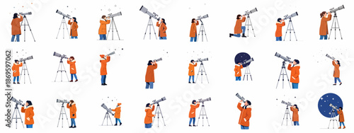 Stargazing women set: Flat vector illustrations of female characters using astronomical telescopes to observe the night sky, science, and space exploration.