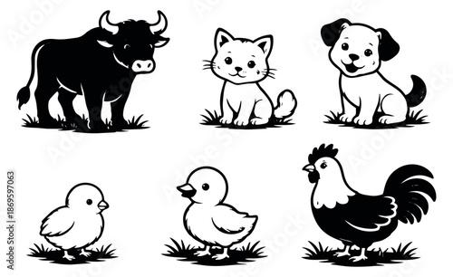 Cute line art animal set featuring a bull, cat, dog, chick, duck, and rooster for children's education