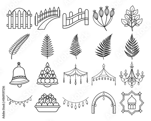 Food and Beverage Icon Set Line Art Design for Coloring Book Pages Featuring Fruits Vegetables and Drinks