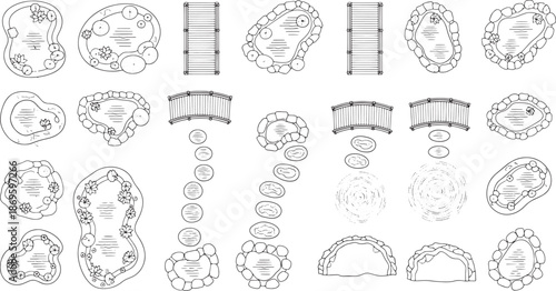 Garden design with top view, showing ponds and stepping stones and pedestrian bridge. Cleanly illustrated in simple lines, suitable for landscape design plan or architecture template.