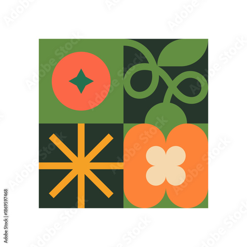 Contemporary collage with abstract pattern of nature. Modern wall art with stylized plants, flowers, leaves, geometric shapes. Green ornament in cubism style, decoration. Flat vector illustration.