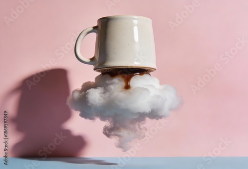 Surreal floating white ceramic mug dripping fresh brown coffee onto a soft fluffy white cloud against a dual tone pink and blue background