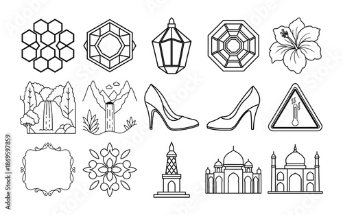 Healthcare and medical icon set for coloring page, featuring line art crosses, pills, and hearts for wellness and safety educational materials.
