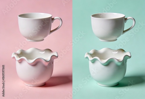 Symmetrical composition of floating white ceramic tea cups and wavy porcelain bowls arranged on a split pastel pink and teal green background