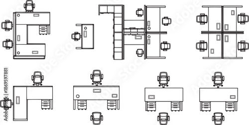 Office workspace design, a schematic illustration revealing diverse layouts and furniture arrangements.