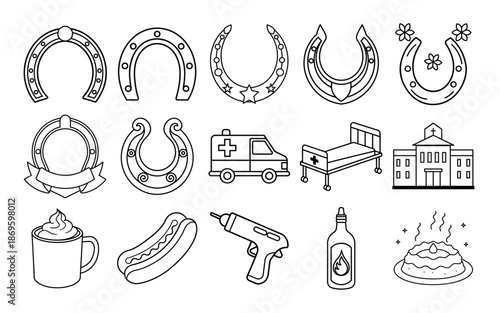 Set of everyday household items line art icons for coloring book, minimalist vector design perfect for preschool learning and creative activities