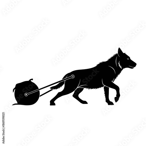 Silhouette of a dog pulling a heavy object with determination and focus.