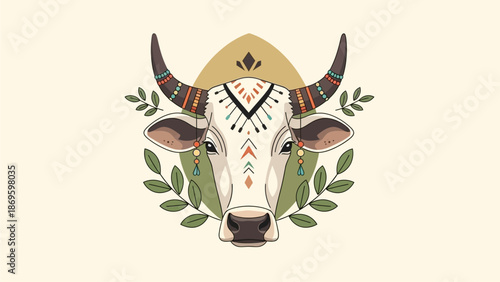 Illustration of a decorated cow. A symbol for Indian religious festivals