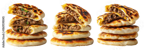 Ecuador Lapingachos fried potato patties stuffed with cheese and sprinkled herbs, isolated on white background