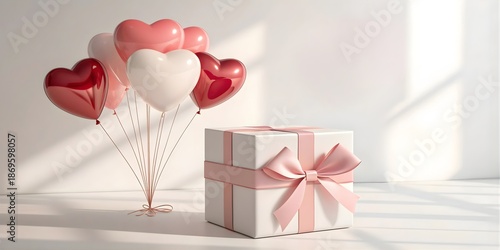 A cute 3D rendered Valentine's Day illustration featuring adorable heart-shaped balloons floating gracefully alongside an elegant gift box wrapped with a silky ribbon. 