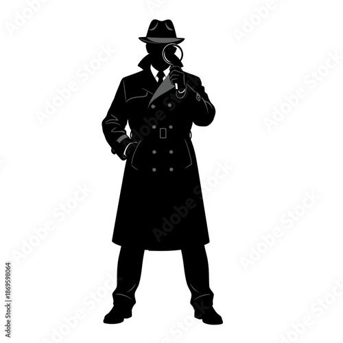 Silhouette of a Detective Holding Magnifying Glass, Investigating Mystery.
