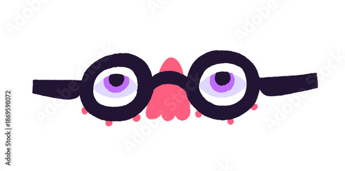 Funny face with glasses. Eyes with eyeglasses with round lenses. Eyewear with circle form of frame. Sign of vision, symbol of sight, eyesight. Flat isolated vector illustration on white background.