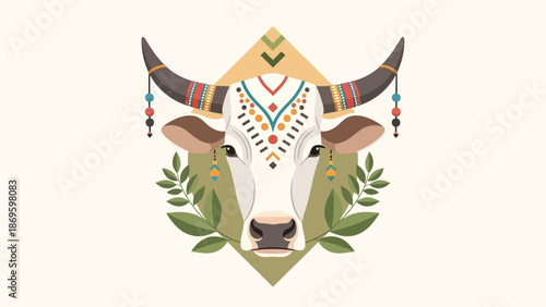 Illustration of a decorated cow. A symbol for Indian religious festivals
