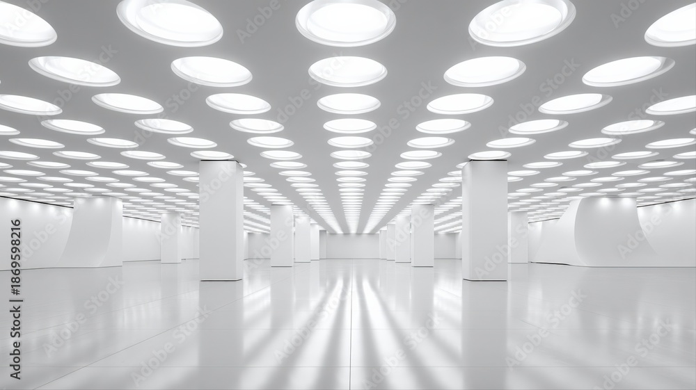 Naklejka premium Futuristic White Hall with Circular Lights and Reflective Floor, Modern Interior Design