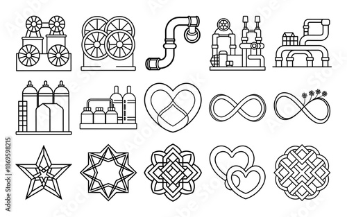 Science and technology themed icons for coloring book pages, minimalist line art vector illustration for elementary school activities