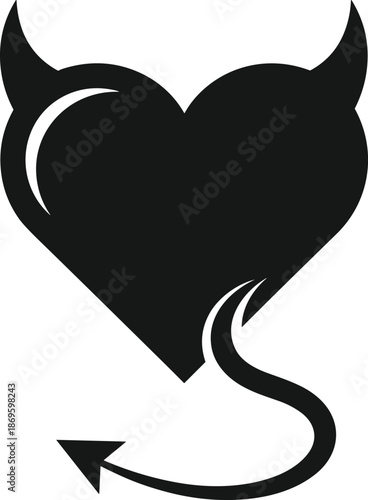 Black devil heart silhouette with horns and pointed tail, evil love vector icon isolated on white, naughty romantic gothic illustration