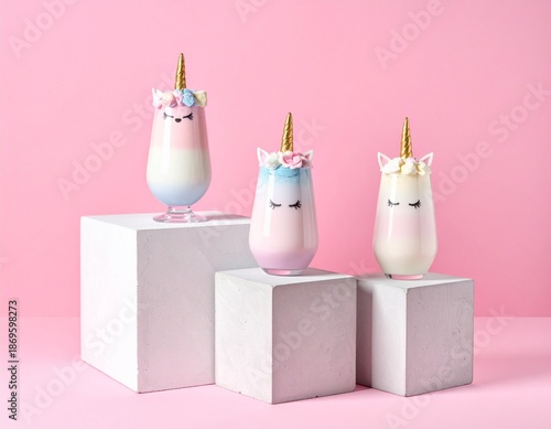 Three unicorn themed drinks with colorful layers, topped with horns and flower crowns, placed on concrete cubes. The background is pink, creating a soft and fun atmosphere.