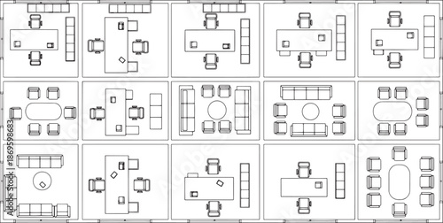 An architectural rendering presents an overhead view of various office layout options, featuring detailed furniture arrangements and spatial designs for optimal functionality and aesthetic appeal.