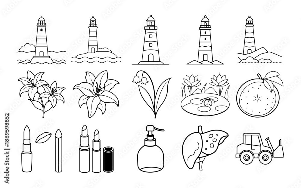 Obraz premium Music and Sound Audio Icon Set Featuring Musical Instruments and Notes in Simple Line Art for Creative Projects