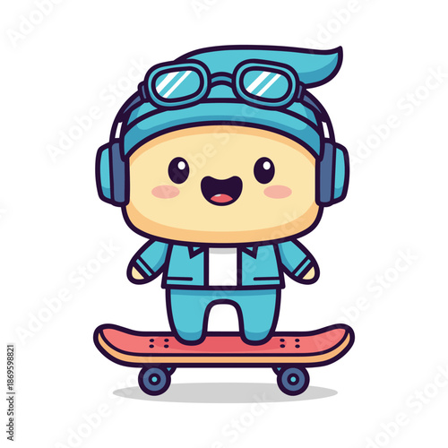 Cartoon Character Riding Skateboard with Aviator Helmet