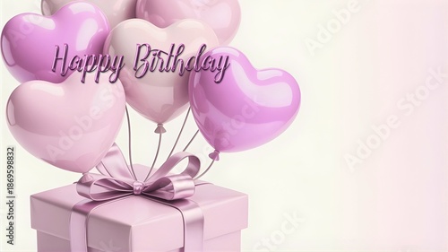 A cute 3D rendered Happy Birthday illustration featuring adorable heart-shaped balloons floating gracefully alongside an elegant gift box wrapped with a silky ribbon.