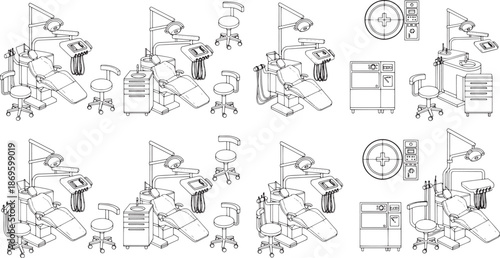 Line art illustration depicting several sets of dental equipment, showcasing the tools and instruments essential for dental procedures. 
