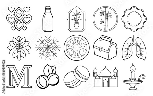 Home and Interior Furniture Icon Set with House Decor and Domestic Living Symbols in Simple Line Art Drawing