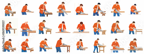 Collection of flat vector illustrations showing a man in an orange plaid shirt sawing wood with a handsaw, depicting various woodworking actions and poses.