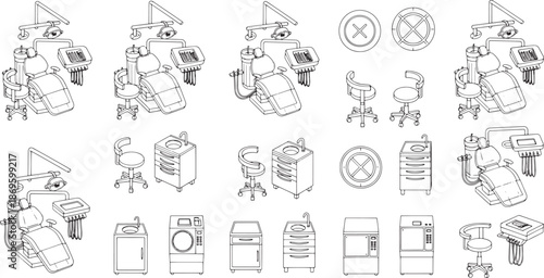 A comprehensive illustration showcases essential tools and instruments used in dentistry, presenting a sterile and functional view of dental care equipment.